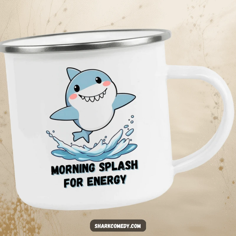 Funny camping mug depicting a small shark bursting energetically from water with a surprised grin, ideal for outdoor fun.