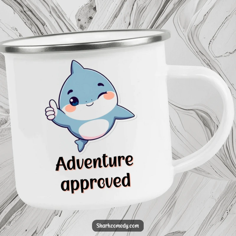 Funny shark character camping mug, giving a playful wink and a thumbs up, a positive and humorous mug for outdoor enjoyment.