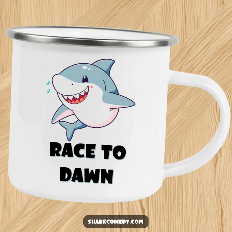 Funny camping mug with a happy, determined shark sprinting with sweat flying, perfect for fueling adventures and hot beverages outdoors.