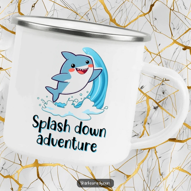 Funny camping mug depicting a kawaii shark joyfully leaping from a blue wave, perfect for outdoor use and a splash of fun.
