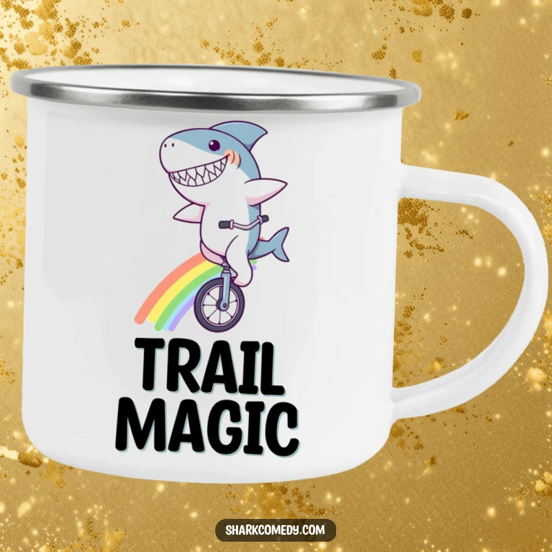 Funny shark character camping mug, grinning while riding a unicycle on a rainbow, a whimsical and humorous mug for outdoor enjoyment.