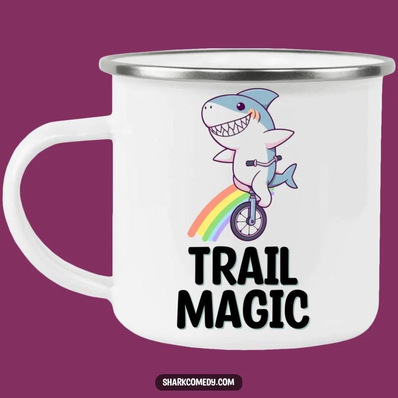 Whimsical Funny Shark Rainbow Unicycle Camping Mug - Fun Outdoor Gift
