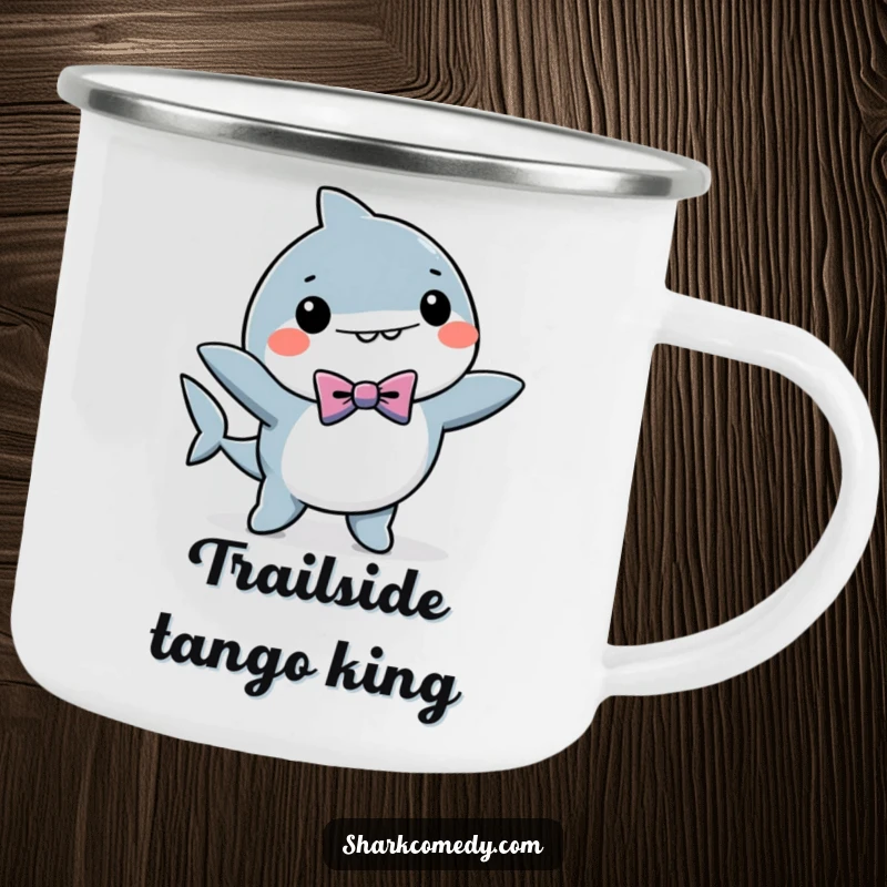 Funny enamel camping mug featuring a kawaii shark in a bow tie, dancing merrily, perfect for outdoor humor and gifting.
