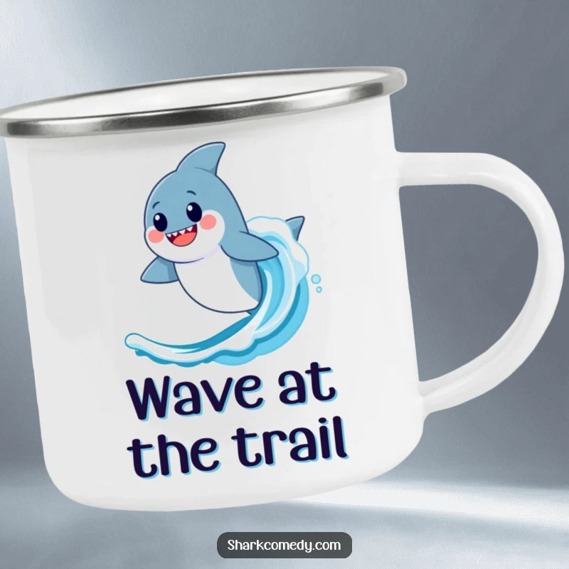 Funny Kawaii Shark Camping Mug: A durable mug featuring a shark riding a wave, for seaside adventures.