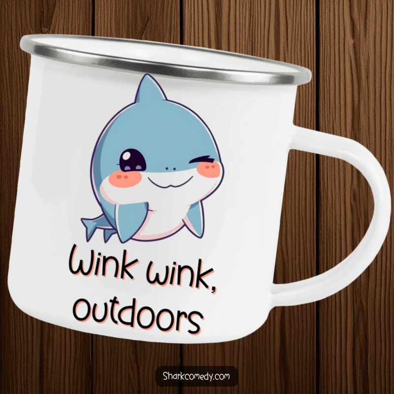 Funny shark camping mug with a playful wink, durable enamelware, ideal for outdoor enthusiasts, great funny gift.