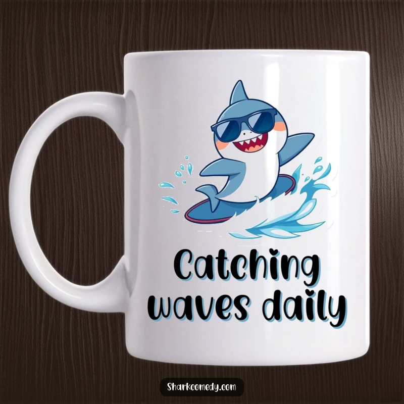 Funny tiny shark wearing sunglasses, joyfully surfing a blue wave, depicted on a cool coffee mug.