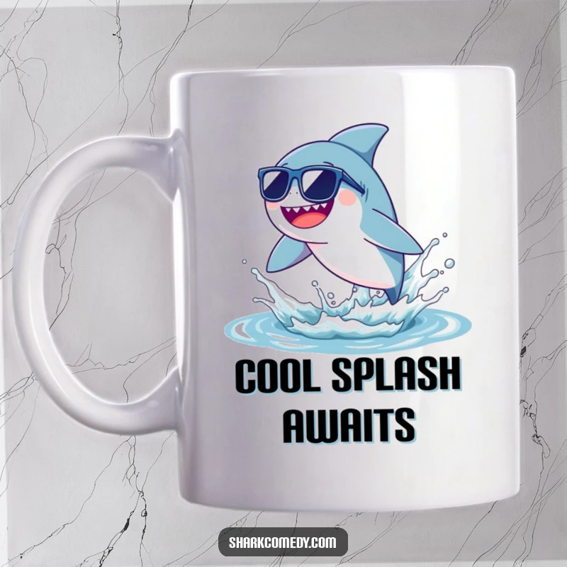 Funny tiny shark wearing sunglasses, joyfully leaping from a water splash, depicted on a mug for a cool and humorous gift.