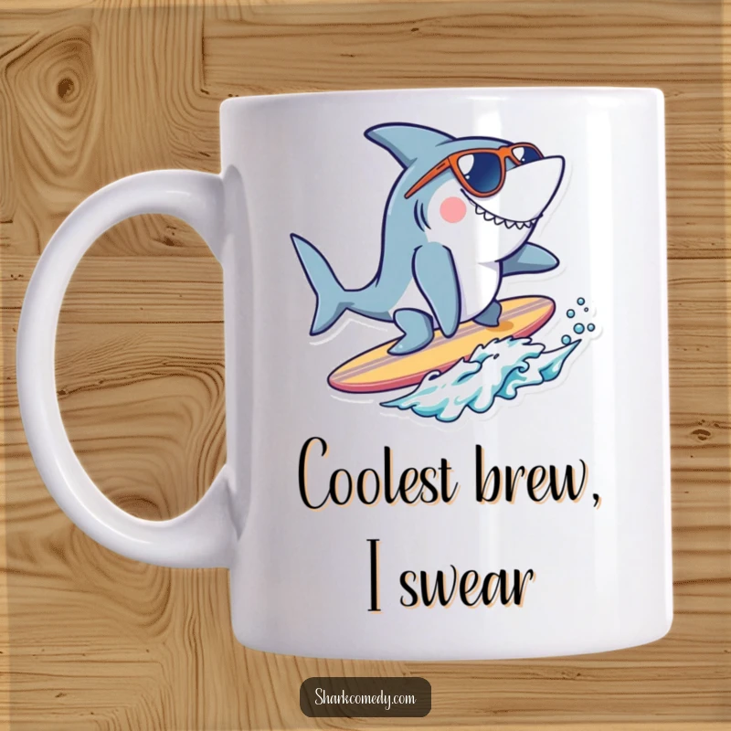Funny cool shark mug showing a shark wearing sunglasses, expertly surfing a tiny surfboard on a wave, radiating effortless cool and humor.