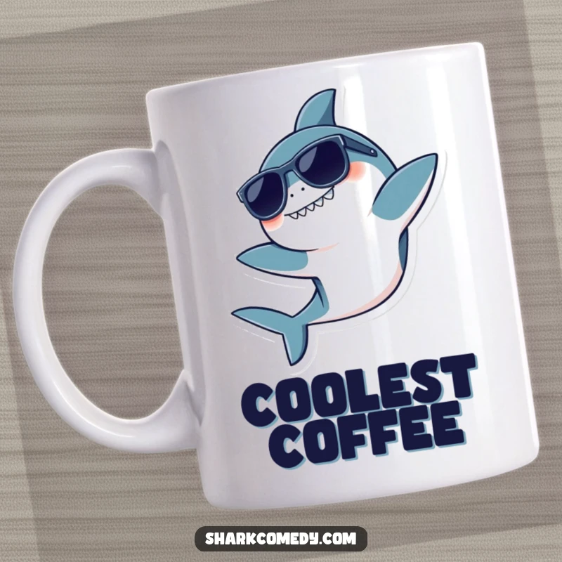 Funny mug featuring a cool kawaii shark wearing sunglasses, doing a playful flip, exuding awesome and carefree energy.