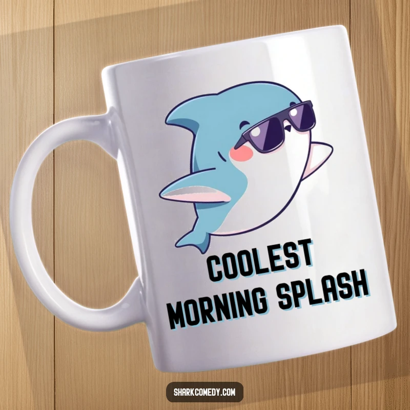 Funny kawaii shark wearing sunglasses doing a playful flip on a mug, radiating cool vibes and ocean fun.