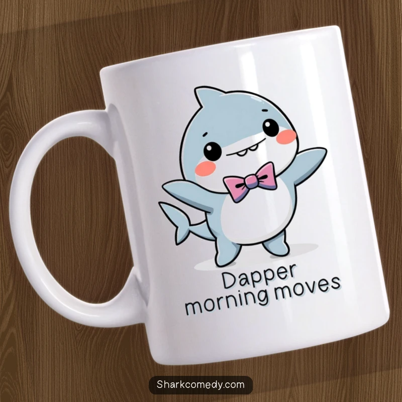 Funny kawaii shark wearing a bow tie, caught mid-dance, depicted on a ceramic mug for a charming and humorous gift.