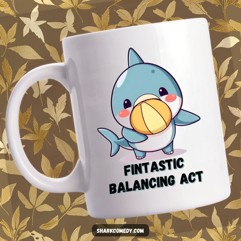 Funny Kawaii shark mug with a beach ball perfectly balanced on its nose, showcasing pure, delightful concentration and playful fun.