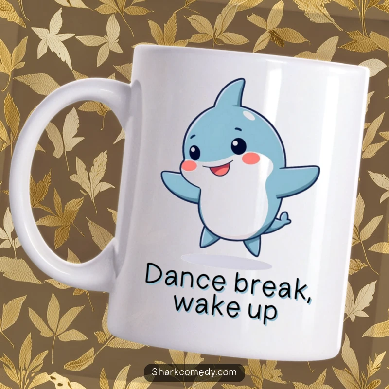 Funny Kawaii shark mug, doing a silly, energetic dance with fins waving enthusiastically, radiating pure joy.