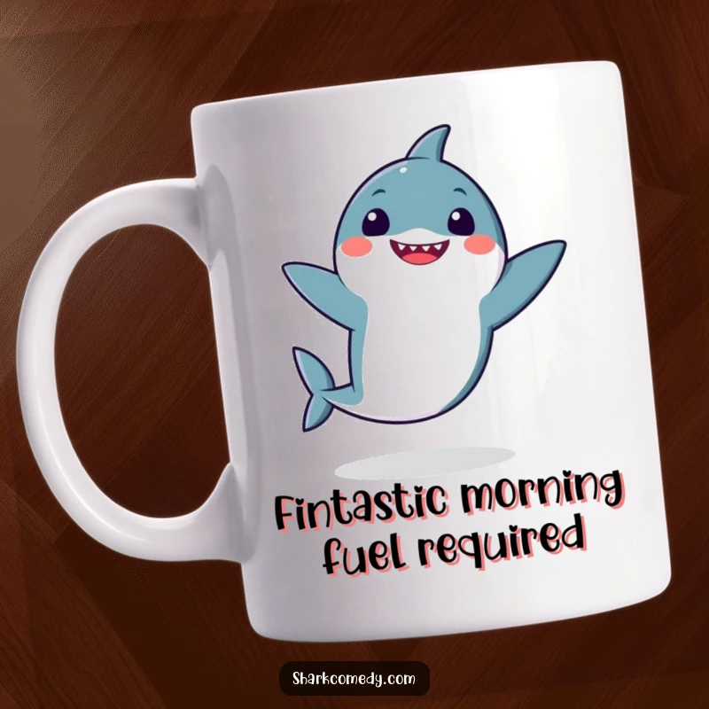 Funny kawaii shark doing a silly dance with fins flapping enthusiastically on a mug, showcasing pure, unadulterated joy.