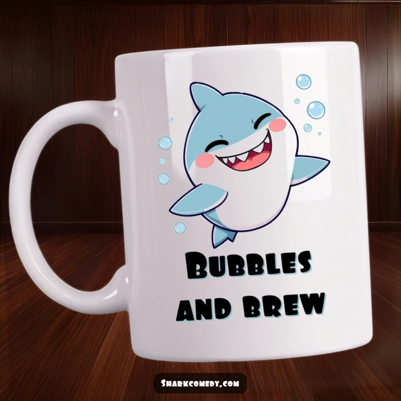 Funny mug showing a cute, kawaii shark winking cheekily while playfully chasing iridescent bubbles, full of mischievous fun.