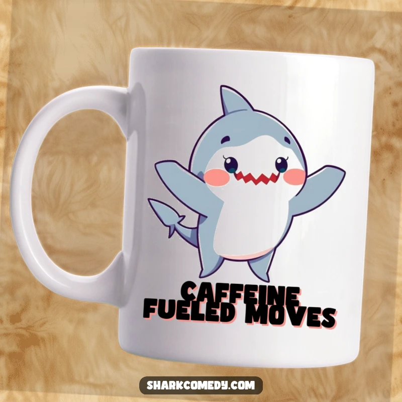 Funny mug featuring a cartoon shark with wide eyes and a huge smile, joyfully dancing with its arms waving wildly in the air.