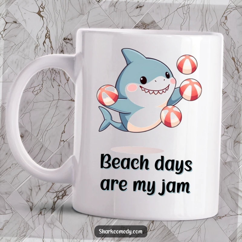 Funny shark mug featuring a cute shark enthusiastically juggling three beach balls with its fins, embodying pure joy and excitement.