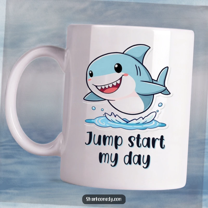 Funny shark mug with a small character and an oversized head, joyfully leaping out of the water, designed for humor and delight.