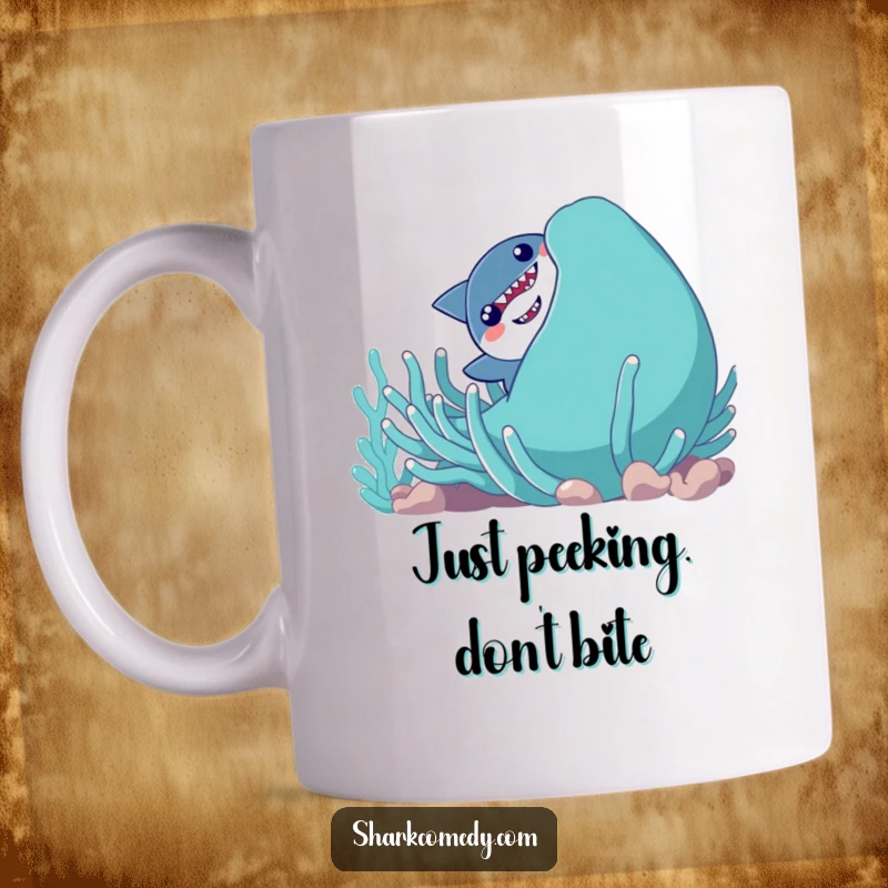 Funny shy shark peeking with wide eyes from behind a big, smiling sea anemone on a ceramic mug.