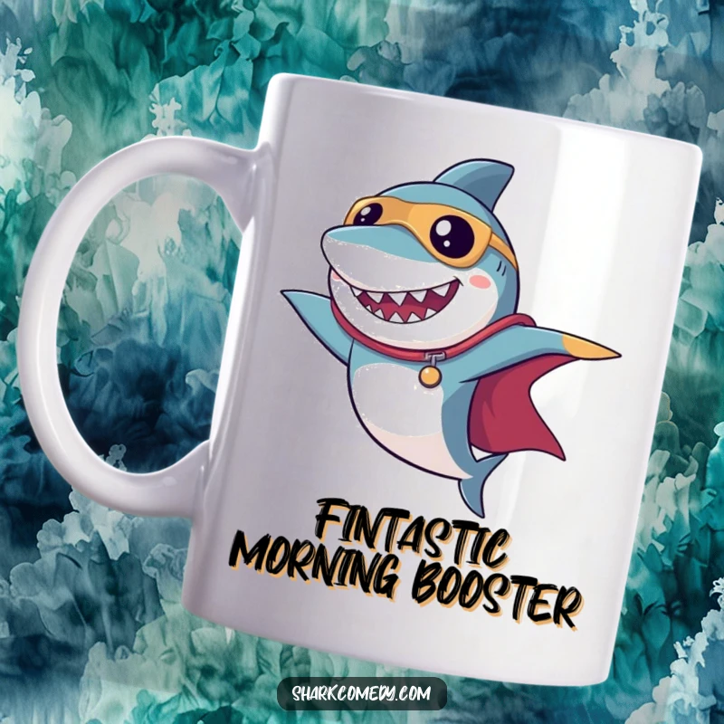 Funny superhero shark mug striking a dramatic pose with a flowing cape, ready to save the day with epic humor.