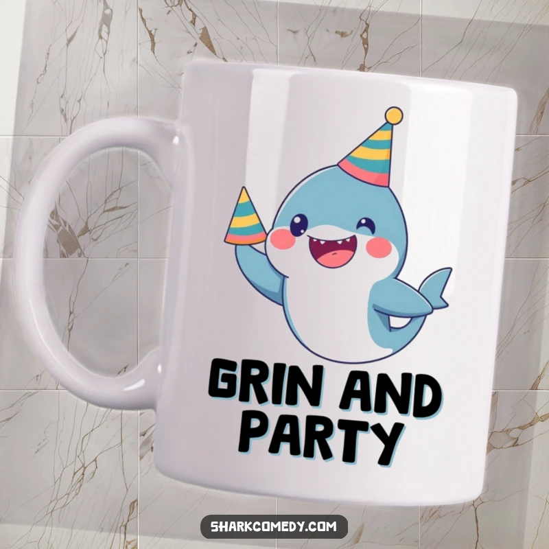 Funny Mug: A cute kawaii shark wearing a party hat looks excitedly ready to celebrate, full of playful energy.