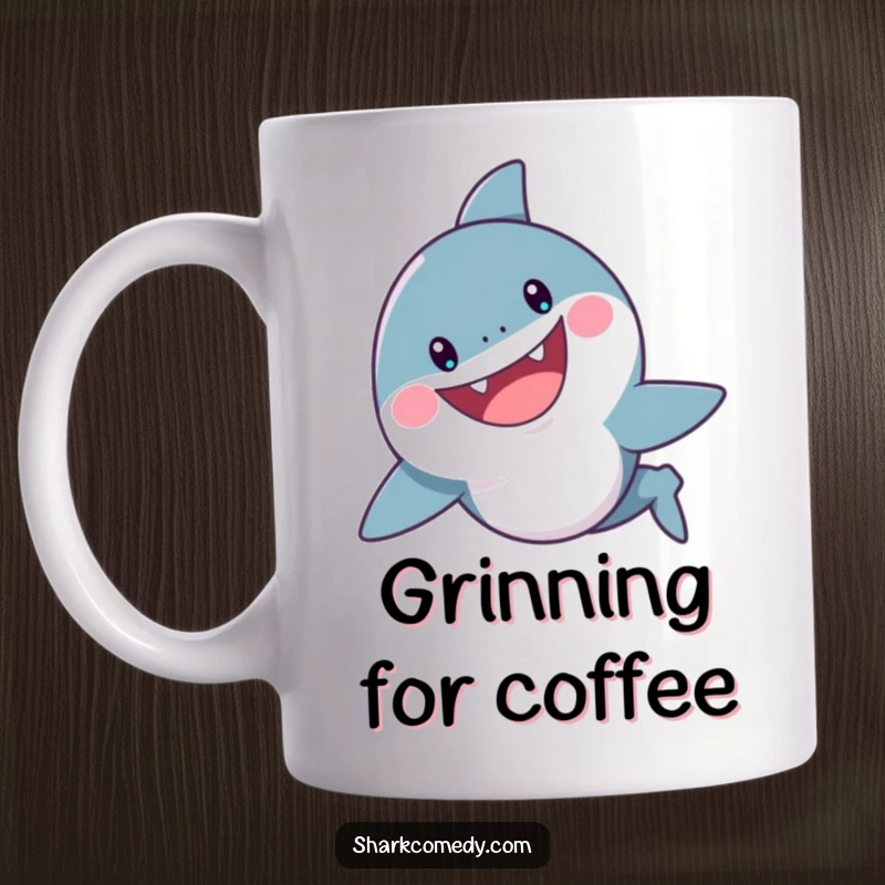 Funny Shark Mug: A cheerful shark swims with a wide, playful grin, exuding friendly aquatic charm and humor.