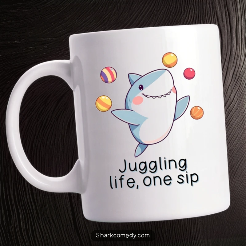 Funny mug of a delighted shark skillfully juggling colorful balls with its fins, showcasing incredible aquatic talent.
