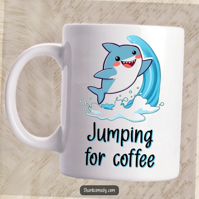 Funny mug showcasing a cute, kawaii shark leaping with pure joy out of a stylized blue wave, embodying energetic fun.