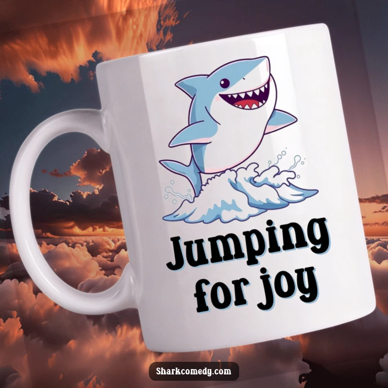 Funny tiny shark mug showing a small shark leaping from a blue wave with a huge, joyful grin, full of playful ocean energy.