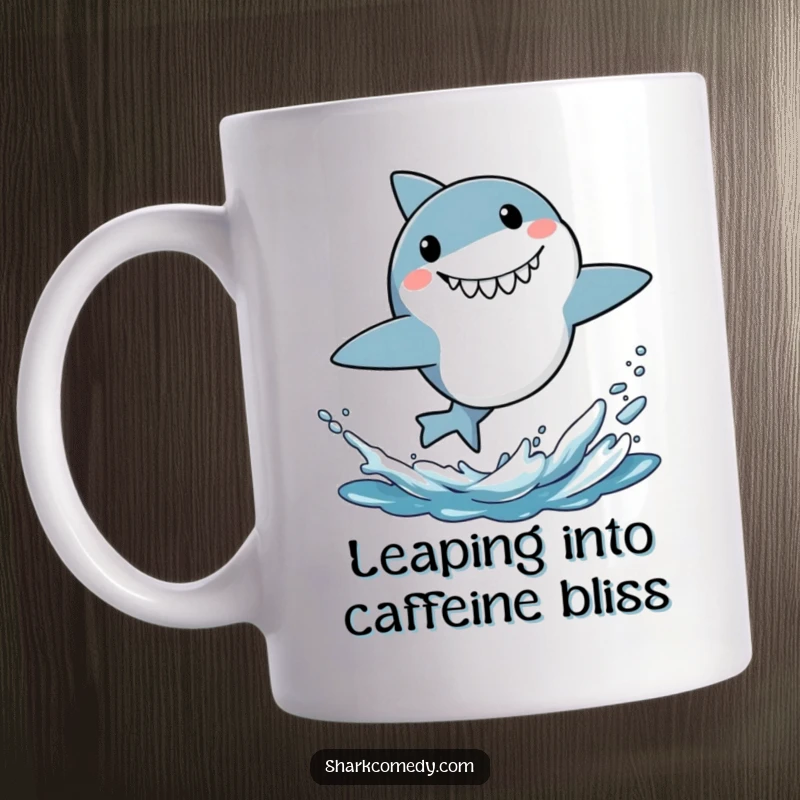 Funny mug featuring a little shark energetically leaping out of the water with a wide, surprised grin, capturing a moment of aquatic excitement.