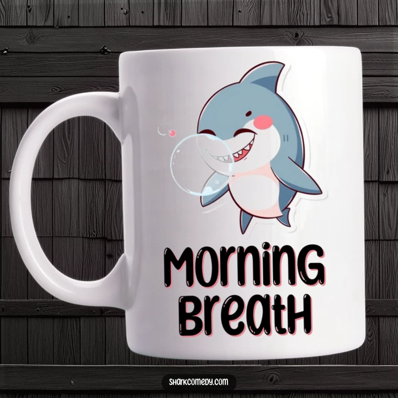 Funny shark winking playfully while blowing a large bubble, depicted on a mug, adding whimsical ocean humor.