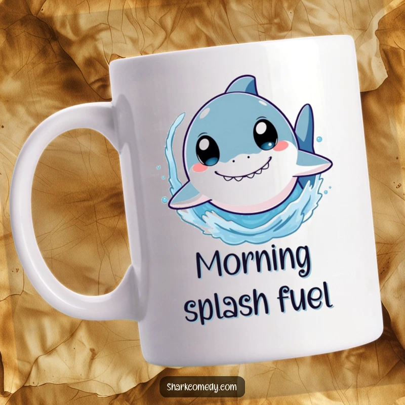 Funny shark mug with a cute character, wide-eyed and swimming fast, creating a big splash, ideal for sea creature fans and a good laugh.