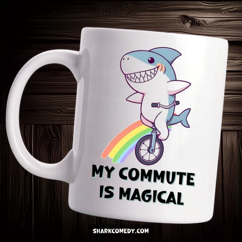 Funny shark character mug, with a goofy grin, riding a unicycle on a vibrant rainbow, exuding pure joy and whimsical delight.