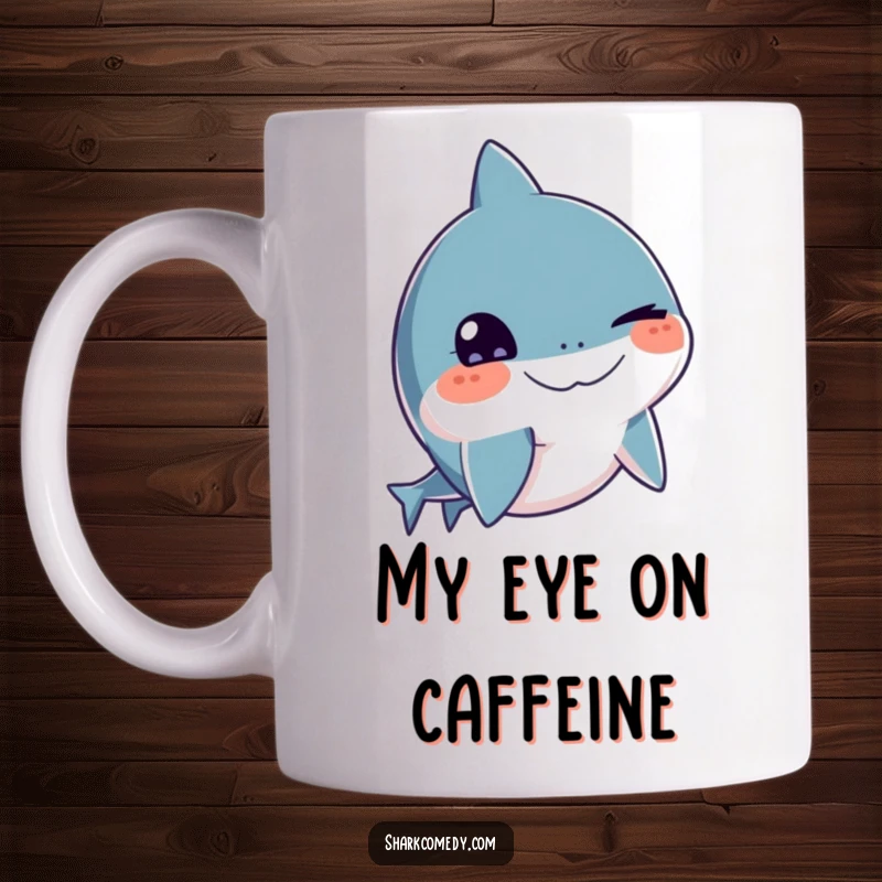 Funny shark mug with a playful wink, one eye open wide, quirky marine character, ideal funny gift.