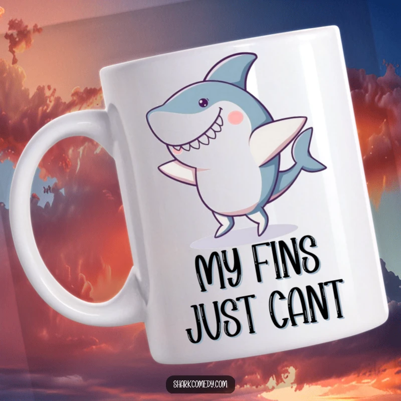 Funny mug of a shark performing a clumsy dance with a goofy smile and wobbly fins, radiating pure, uninhibited joy and silliness.