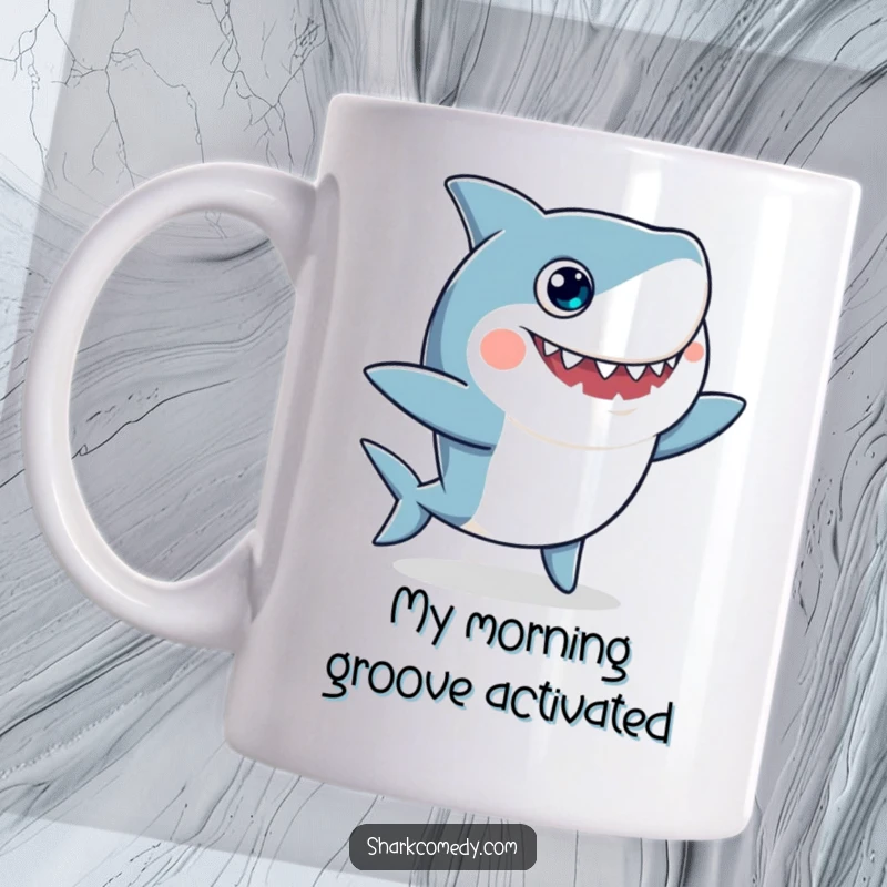 Funny mug showcasing a goofy shark with googly eyes enthusiastically performing a silly, wiggly dance, perfect for spreading cheer.