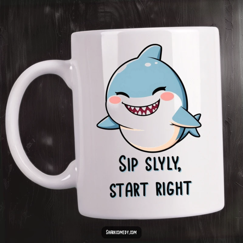 Funny Kawaii shark mug, winking with a subtle, mischievous smile, exuding playful, knowing charm.