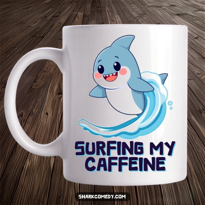 Funny Kawaii Shark Mug: A happy shark joyfully rides a big ocean wave, embodying fun and adventure.