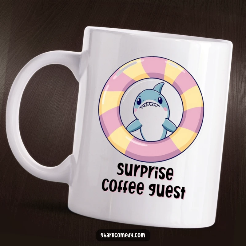Funny shark peeking playfully from behind a giant inflatable ring, depicted on a mug, bringing pool humor.
