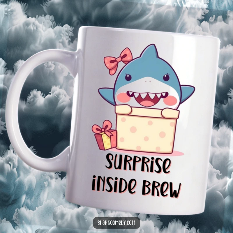 Funny kawaii shark peeking out of a gift box with widened eyes, conveying surprise, presented on a mug for a humorous touch.
