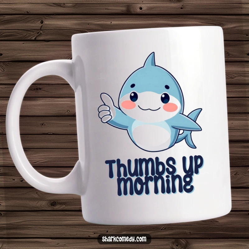 Funny Mug featuring a rosy-cheeked shark giving a thumbs up, symbolizing approval and positivity.