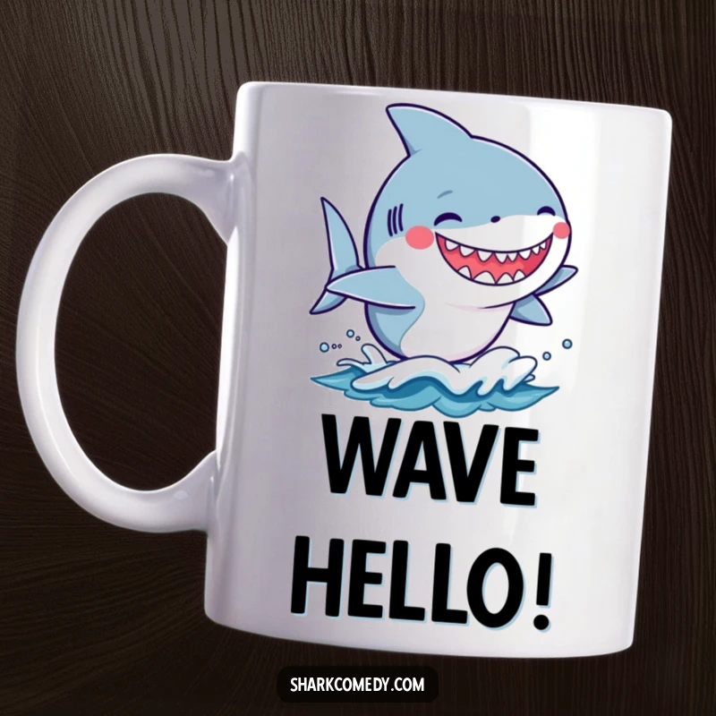 Funny kawaii shark with a goofy grin joyfully riding a small wave on a mug, radiating pure, bubbly happiness.