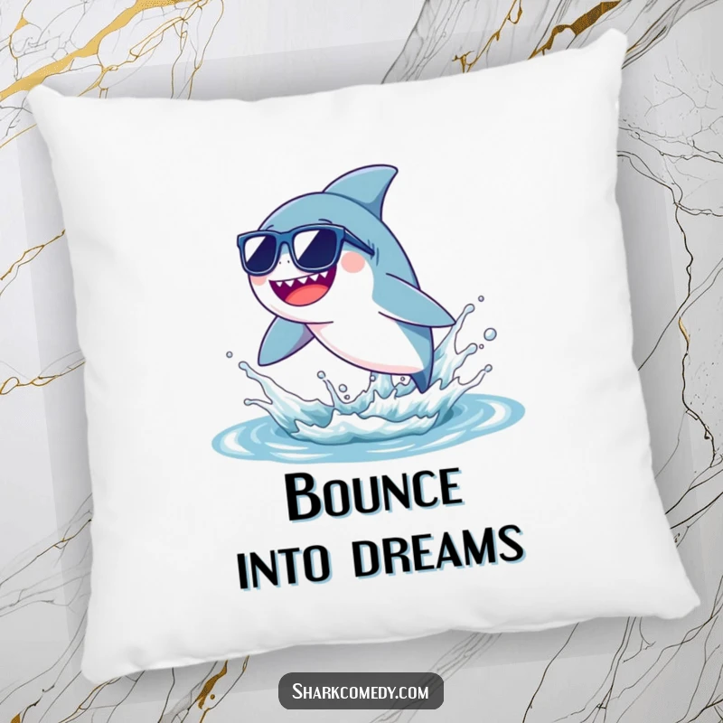 Plush, funny tiny shark pillow with sunglasses, leaping joyfully from a water splash, offering comfort and humor as a gift.