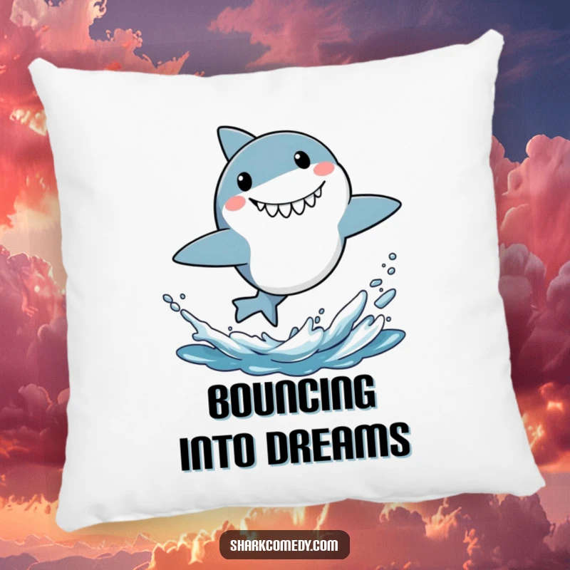 Funny pillow featuring a small shark bursting energetically from water with a wide-eyed, surprised grin, perfect for a touch of humor.