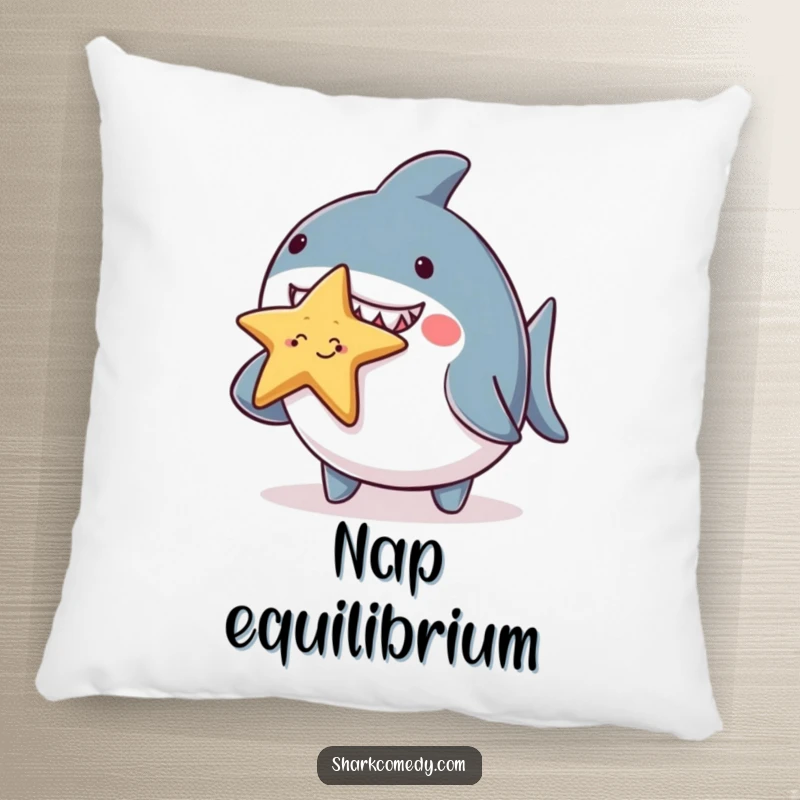 Funny chubby shark character pillow, adorably balancing a tiny smiling starfish on its nose, a soft and humorous accent for sofas and beds.