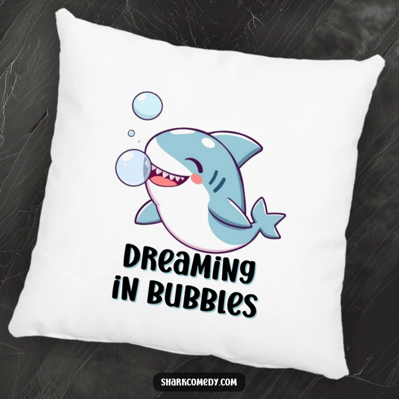 Funny Kawaii shark pillow, a plush cushion of a cute shark joyfully playing with a floating bubble, offering soft humor.