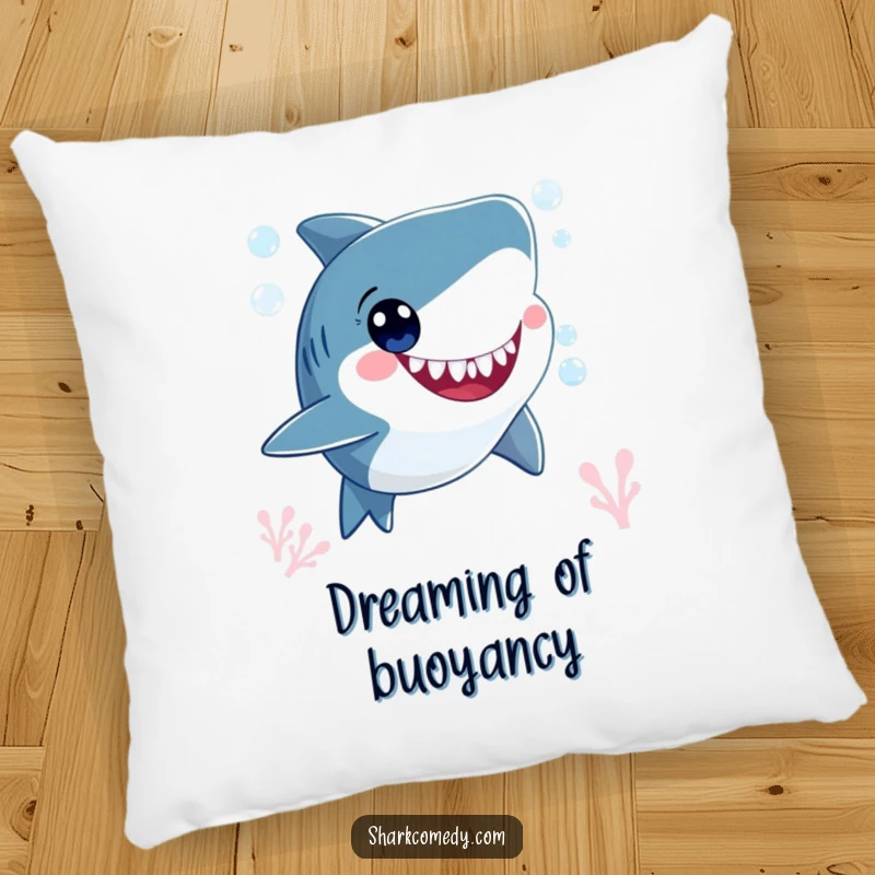 Funny smiling shark character, blowing bubbles underwater with wide, happy eyes, making this soft pillow a humorous and comforting accent.