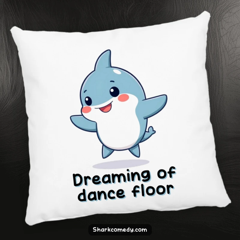 Funny Kawaii shark pillow, a plush cushion of a cute shark doing a silly dance with fins waving, offering soft humor.