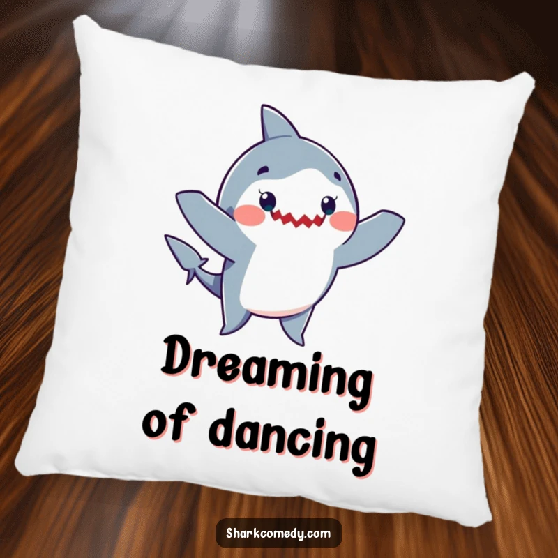 Funny pillow featuring a cartoon shark joyfully dancing with its arms waving wildly, adding a touch of playful humor to home decor.