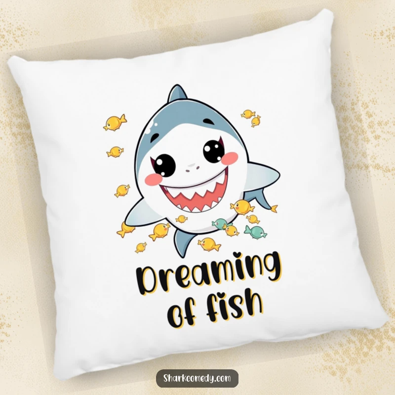 Funny pillow featuring a kawaii shark with a wide grin juggling tiny fish, offering comfort and a dose of playful, whimsical charm.